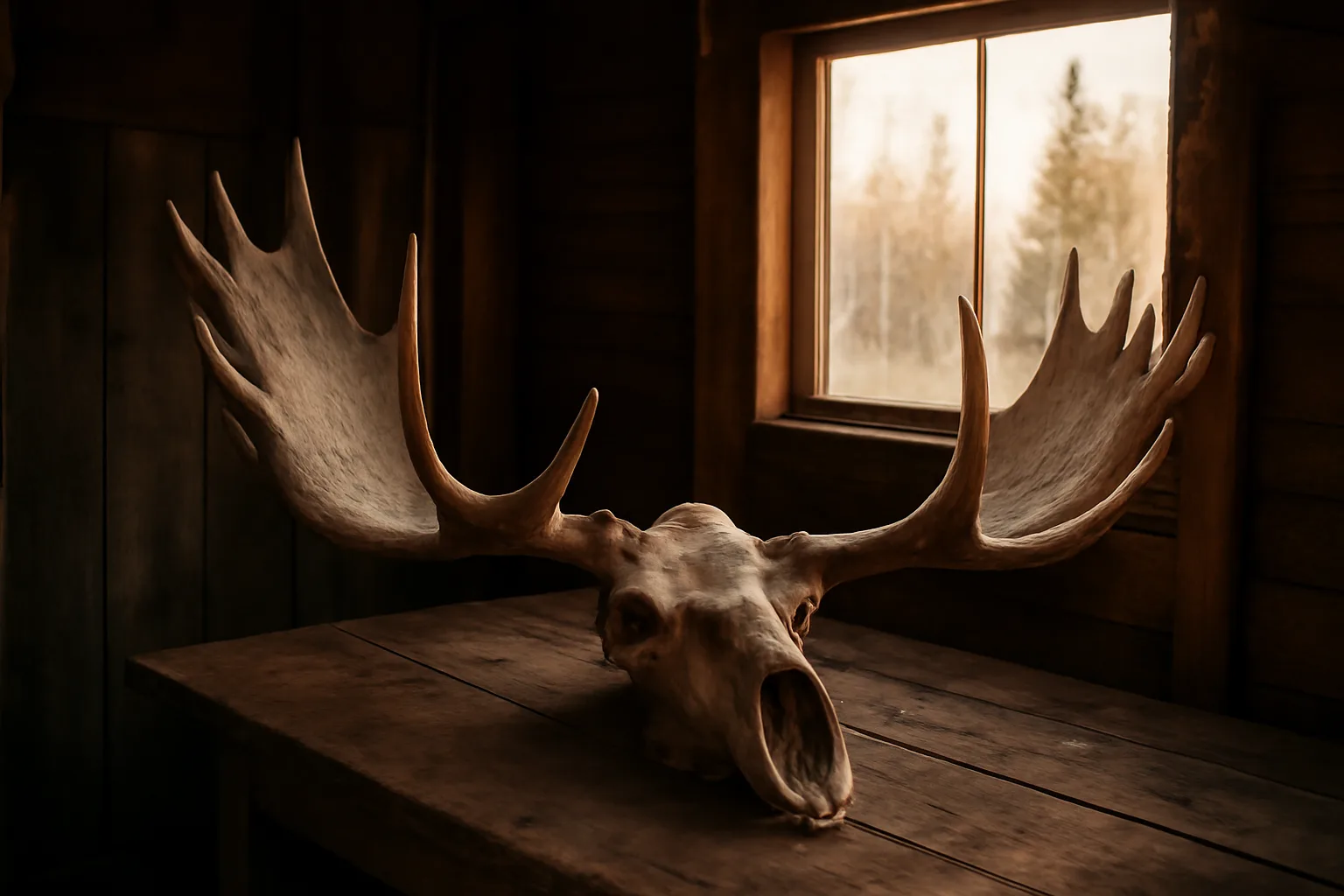 Moose skull with antlers on a workbench in an Alaskan taxidermy shed