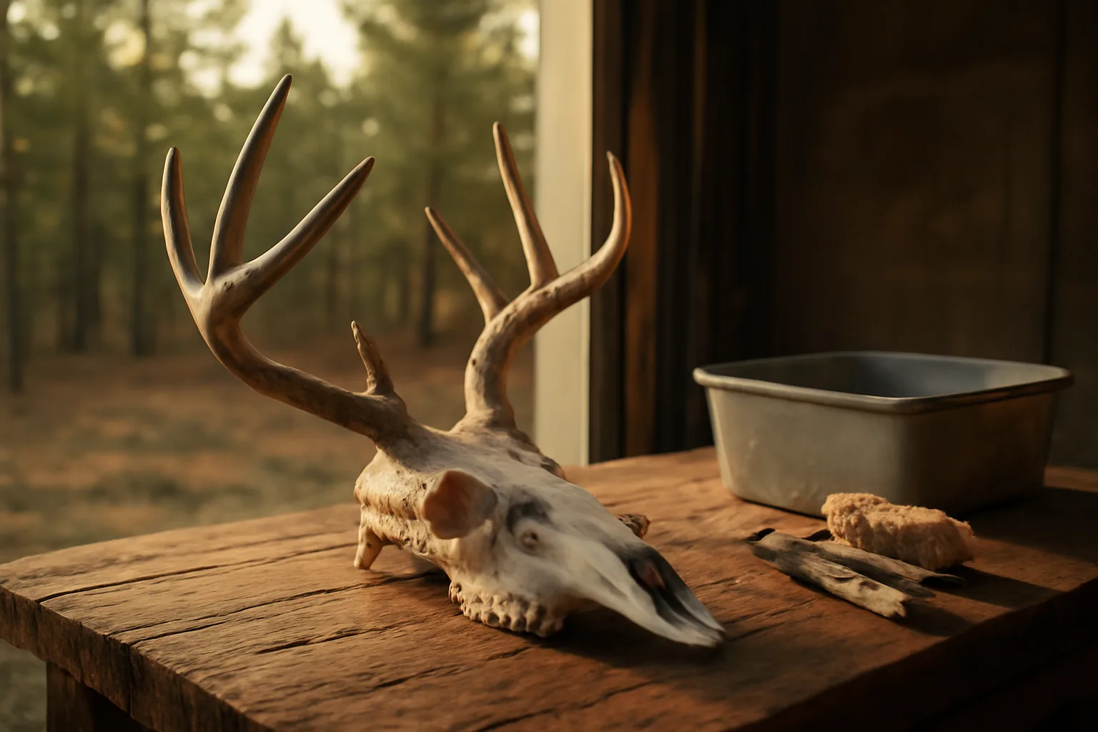 Whitened deer skull european mount on an Arkansas garage workbench