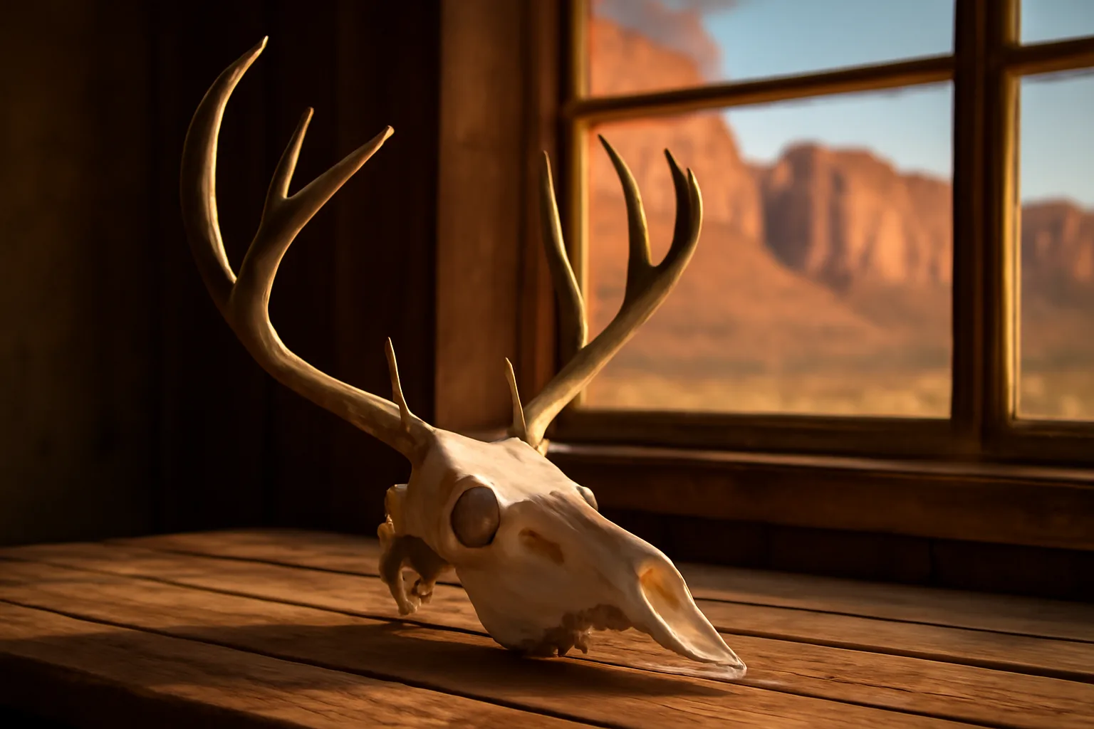 Cleaned mule deer european mount skull with antlers on pine boards in arizona desert workshop