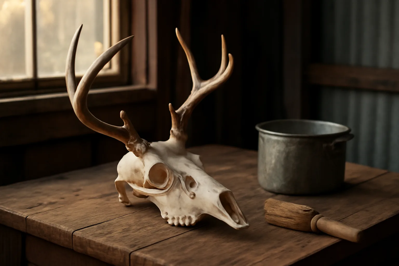 Deer skull european mount drying on a connecticut garage workbench