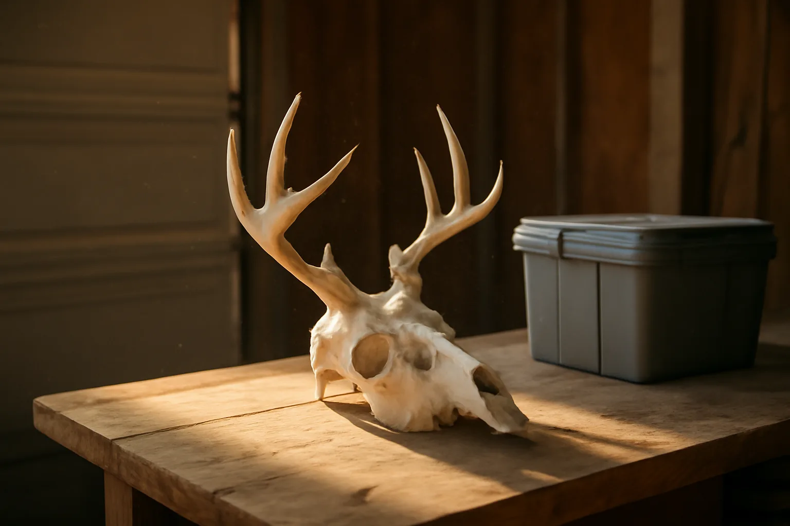 European mount deer skull on a California garage workbench