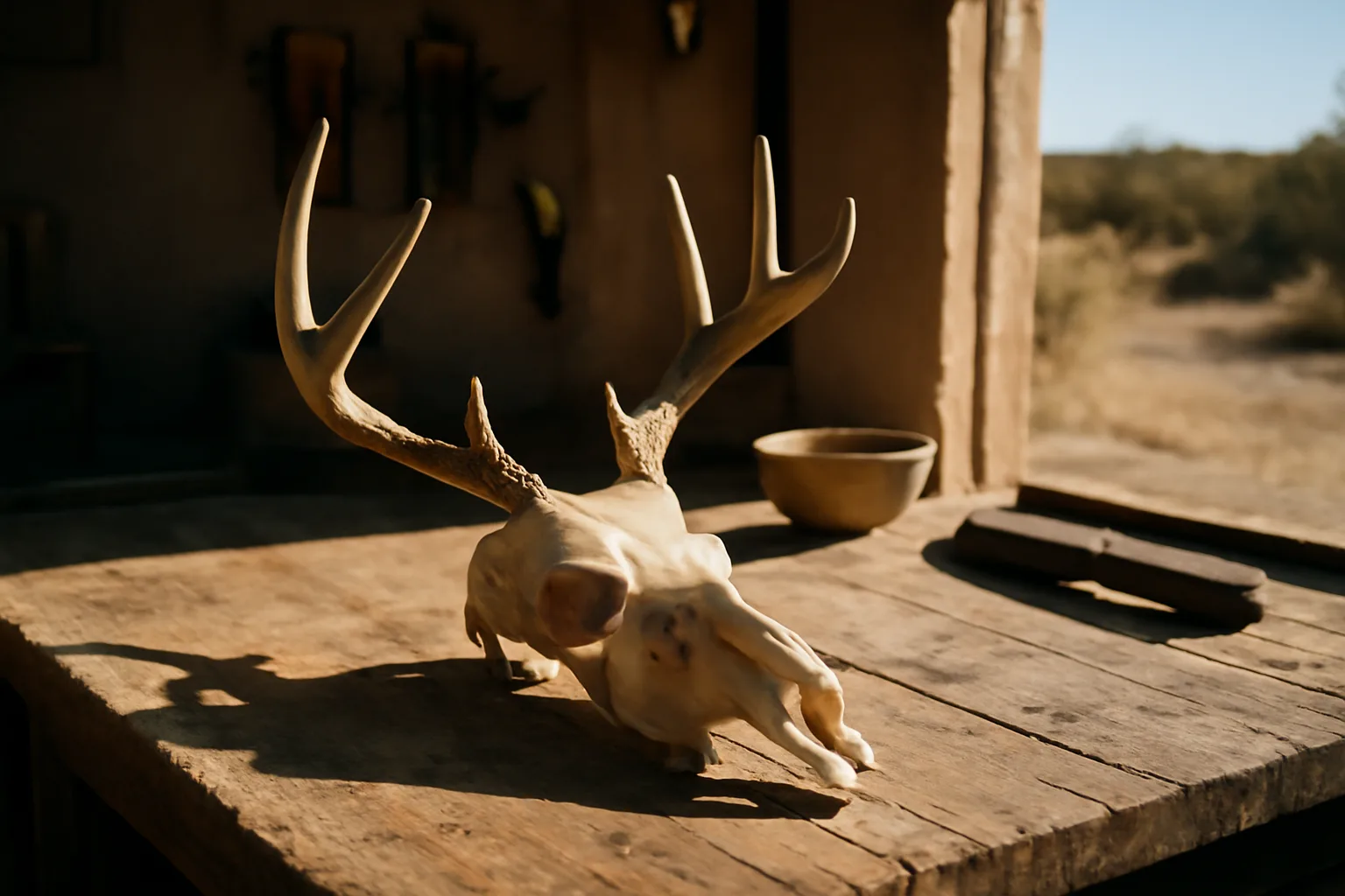 Clean deer skull on a wooden workbench in an Arizona garage workshop