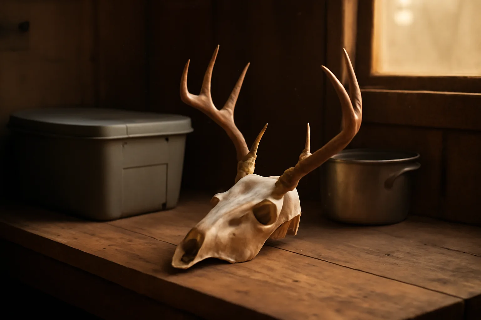 Deer skull drying on a workbench for european mount work